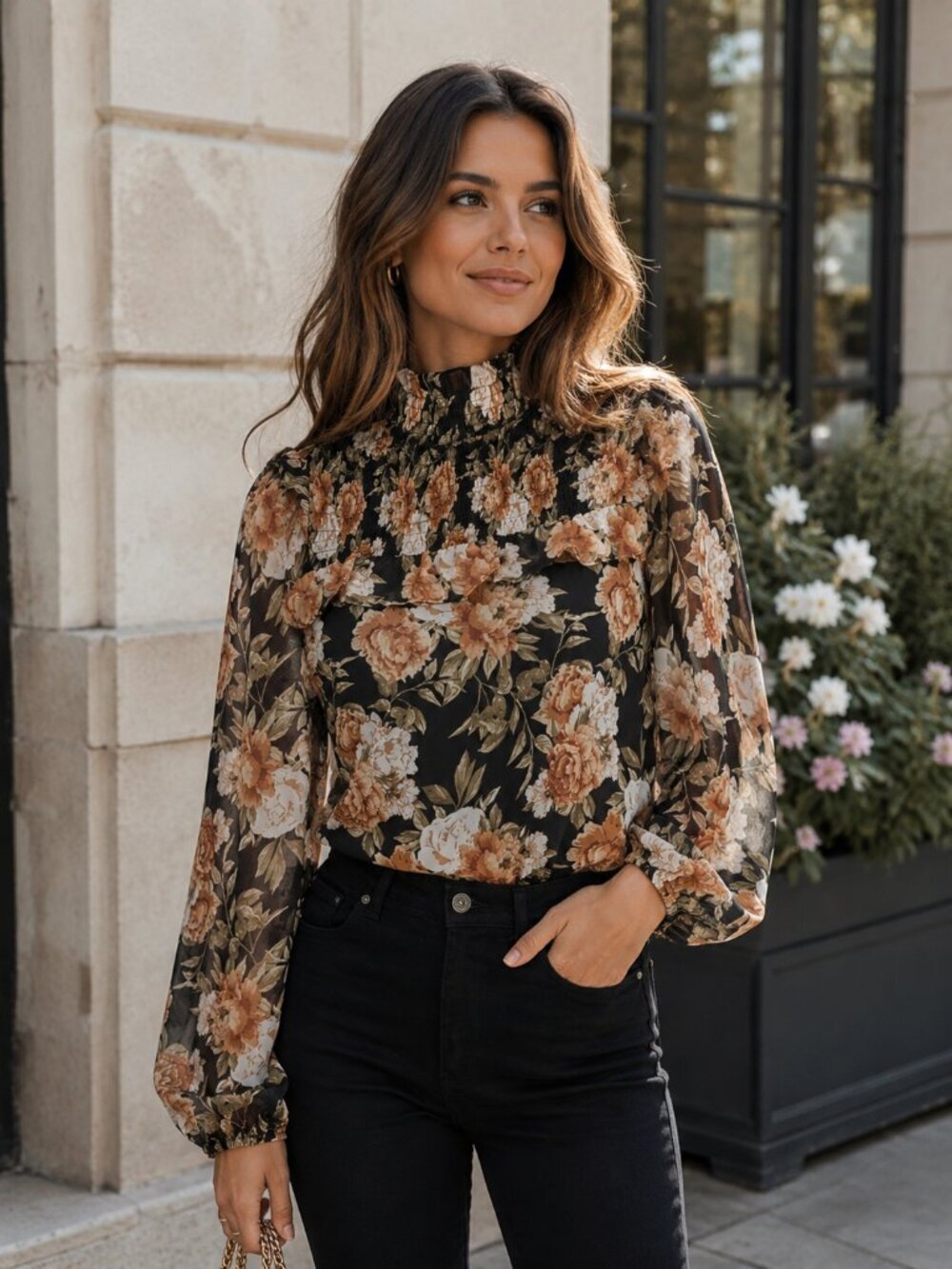 En Saison Diane Mock Neck Sheer Blouse Top Black Floral Balloon Sleeve Small NWT